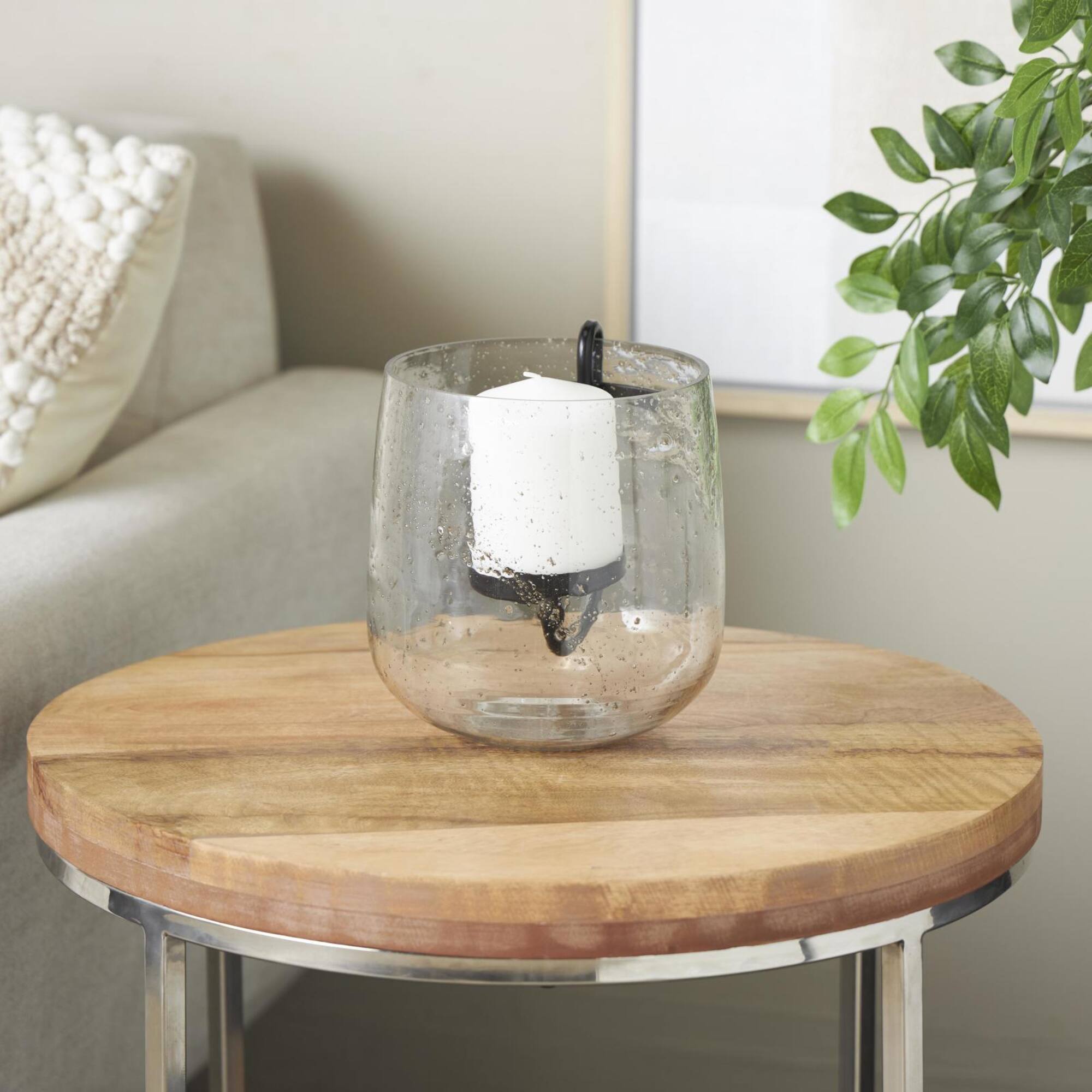 7.75" Clear Glass Candle Holder with Black Metal Accents & Brown Speckles
